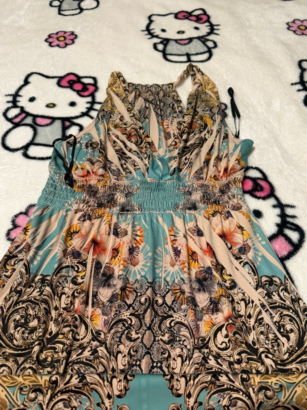 Floral Baroque Smocked Waist Maxi Dress — Teal & Cream